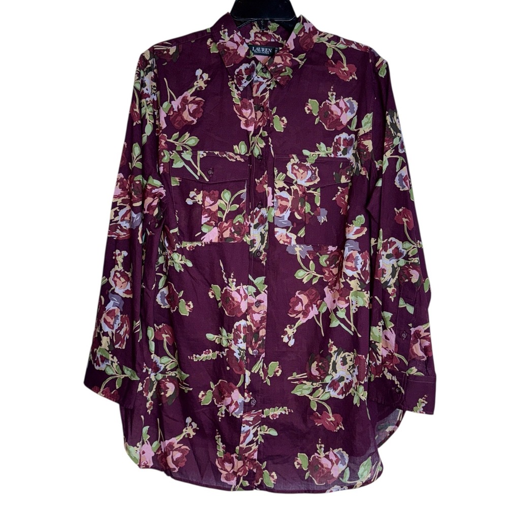 Lauren‎ Ralph Lauren Womens 1X Plum Burgundy Cotton Blouse Shirt NWT